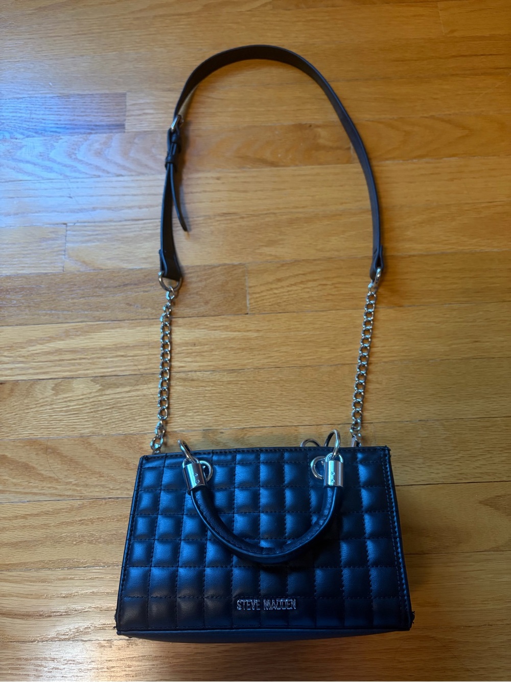 Steve Madden Black Quilted Satchel with Silver
 Chain Strap